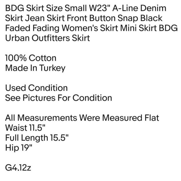 BDG Skirt Size Small W23" A-Line Denim Skirt Jean Skirt Front Button Snap Black - Picture 2 of 5